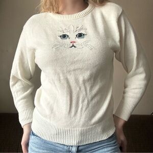 Vintage 80s Picket and Post White Embroidered Cat Sweater Made in USA Size S
